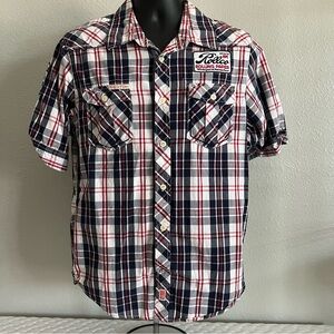 Rolling Paper Brand NYC Rollco Shirt Mens Short Sleeve Sz L Blue Red White Plaid